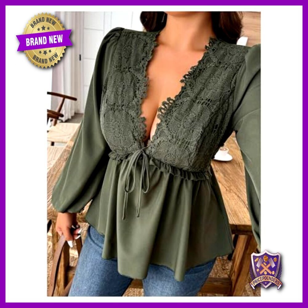 Plus Size Lace Blouse Deep V Neck Long Sleeve Peplum Ruffle Hem Tops - Picture 3 of 5